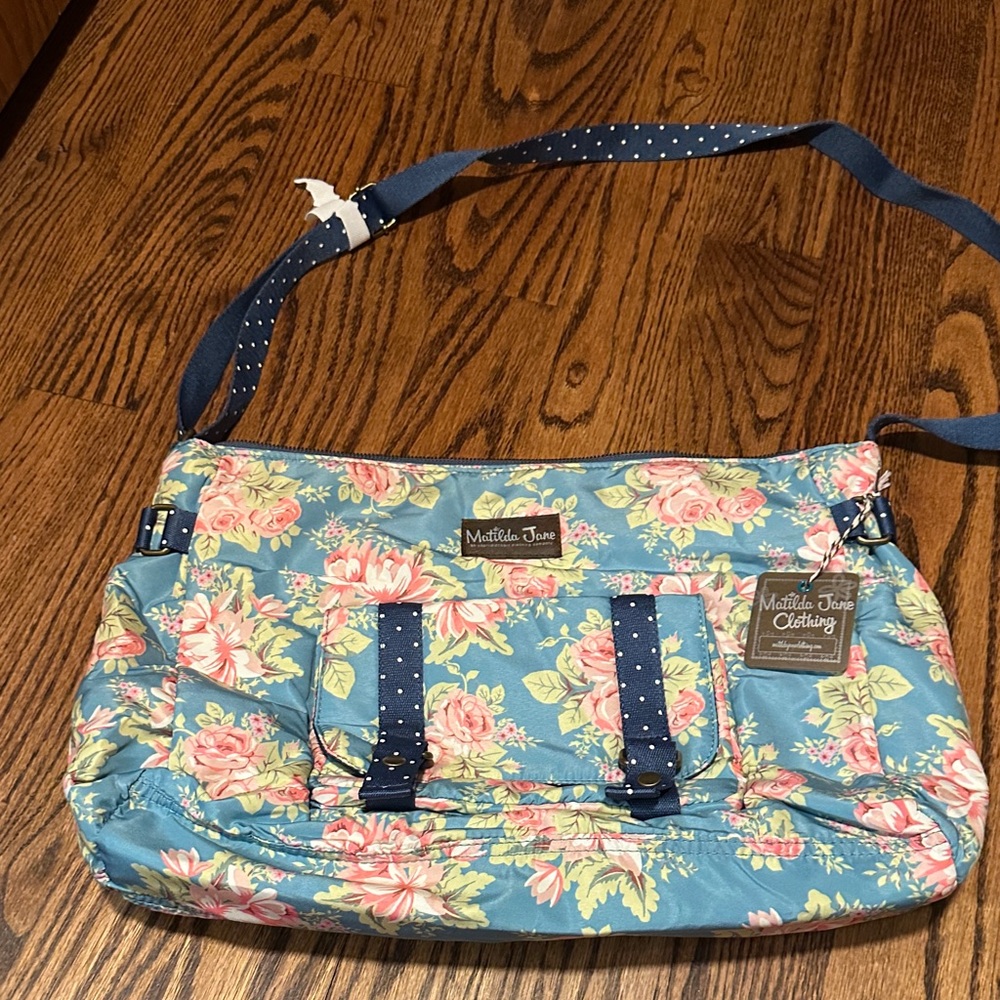 Large Matilda Jane Blue Floral Shoulder Bag with Pink Roses